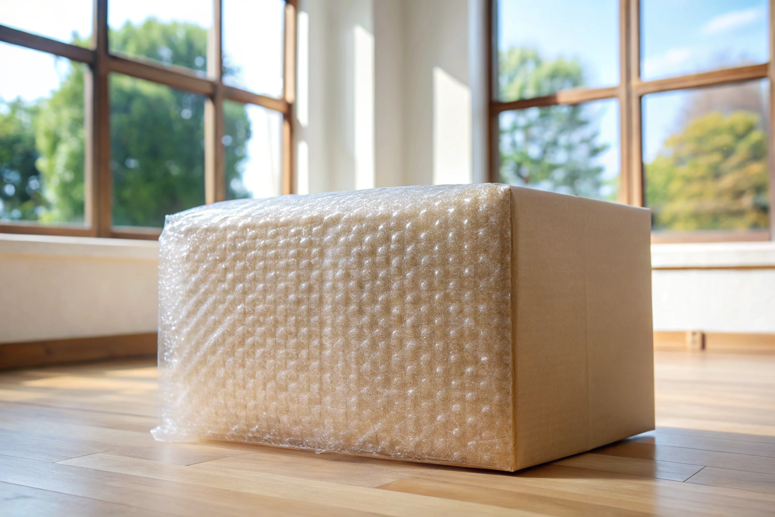 Eine neutrale Darstellung eines Pakets mit Schutzmaterialien wie Luftpolsterfolie in einem hellen Raum, ohne erkennbare Markierungen