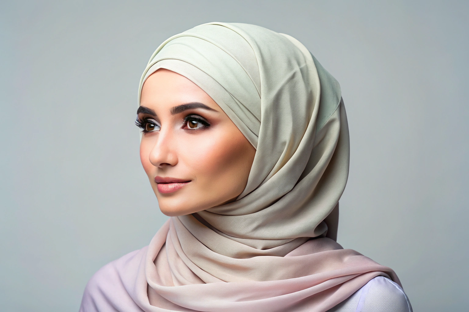 Ein weiches, pastellfarbenes Hijab-Tuch aus Baumwolle, kunstvoll um einen Kopf drapiert, mit sanften Falten und einem natürlichen Look vor einem hellen Hintergrund