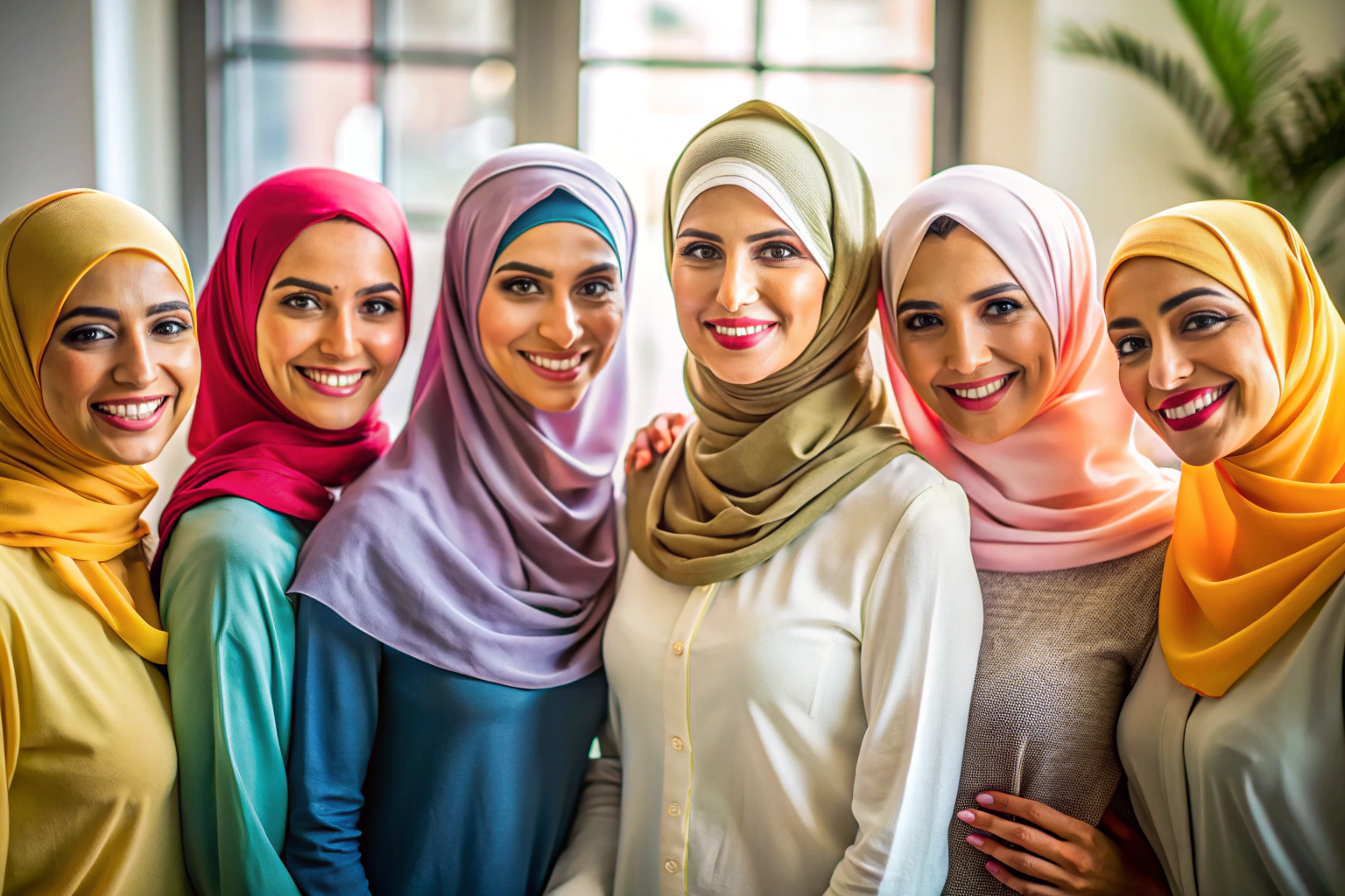 Eine Gruppe von Frauen in eleganten, farbenfrohen Hijabs, die in einem hell erleuchteten Raum lächelnd zusammenstehen, mit weichen Schatten und einer warmen Atmosphäre, die Gemeinschaft und Professionalität vermittelt