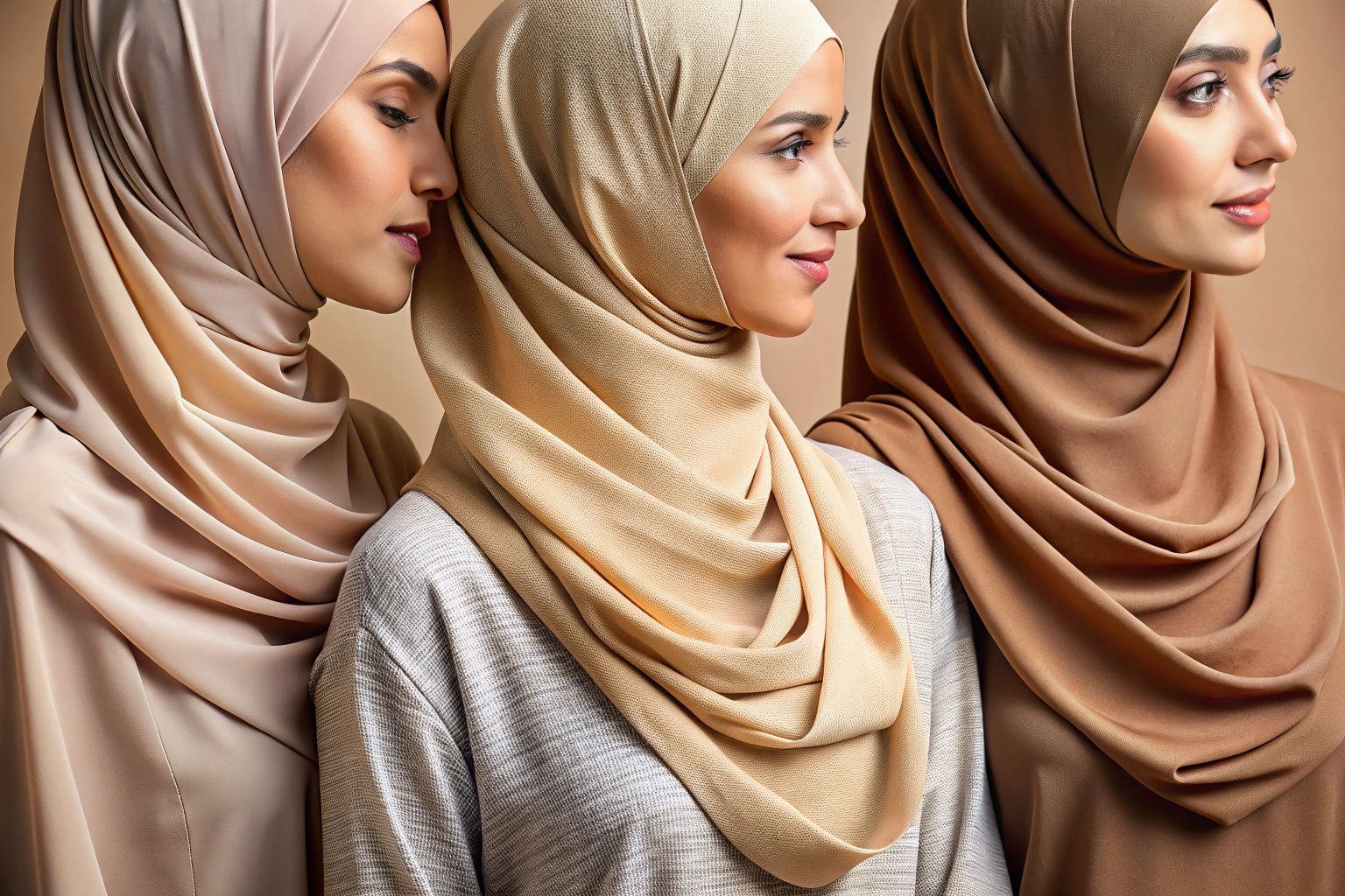 Detaillierte Nahaufnahme von drei verschiedenen Hijab-Stoffen in neutralen Farbtönen, die nebeneinander liegen und ihre Textur zeigen, ohne erkennbare Markierungen