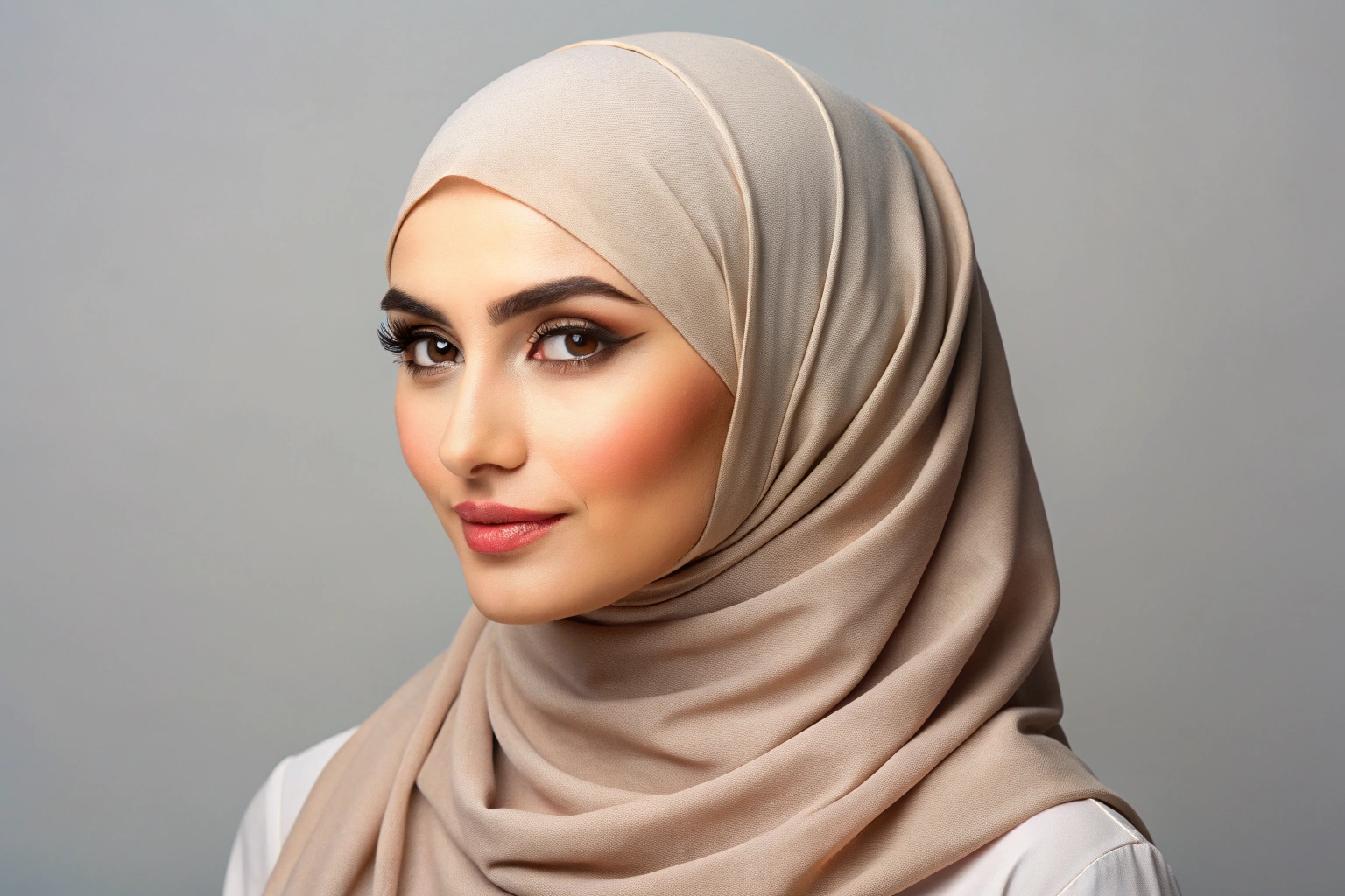 Ein weicher, faltenfreier Hijab in einem neutralen Ton, der sanft auf einem glatten Untergrund liegt und die Textur des Stoffs zeigt