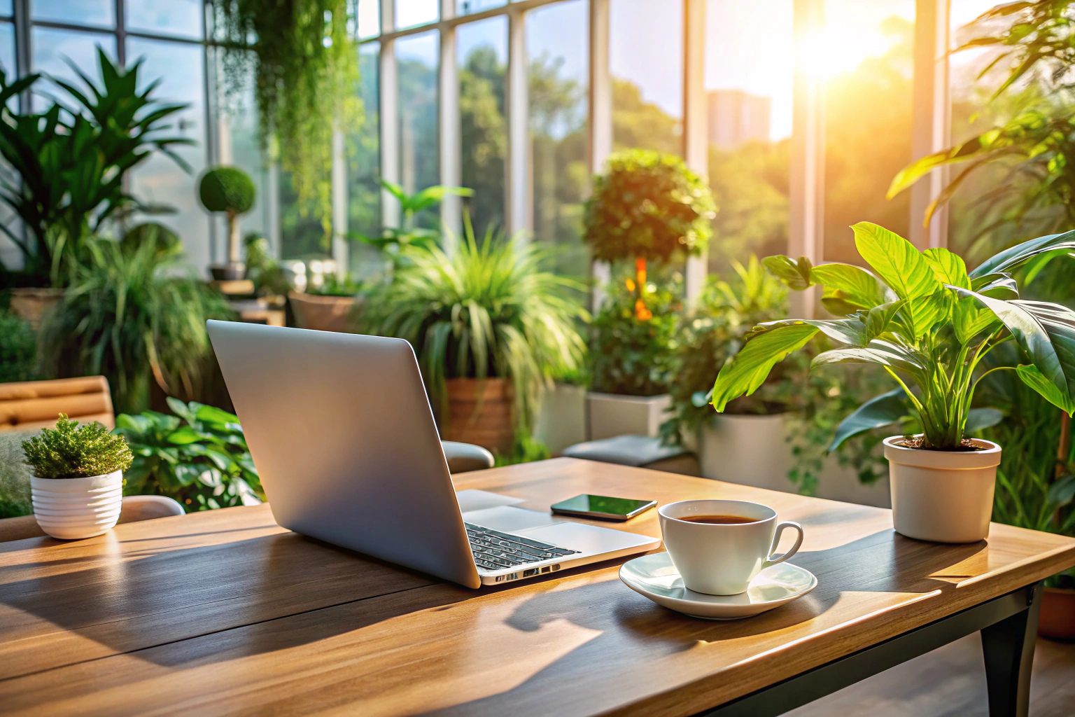 Ein ruhiges, einladendes Büroambiente mit einem leeren Schreibtisch, auf dem ein moderner Laptop und eine Tasse Kaffee stehen, umgeben von Pflanzen und natürlichem Licht, ohne erkennbare Marken oder Text.