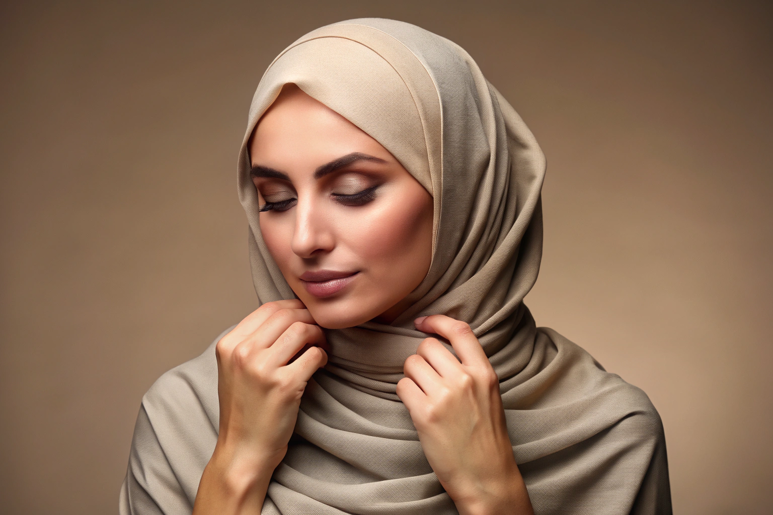 Eine Frau mit einem klassisch gewickelten Hijab, der sanft um den Kopf fällt und die Schultern bedeckt, in einem neutralen Hintergrund ohne Ablenkungen