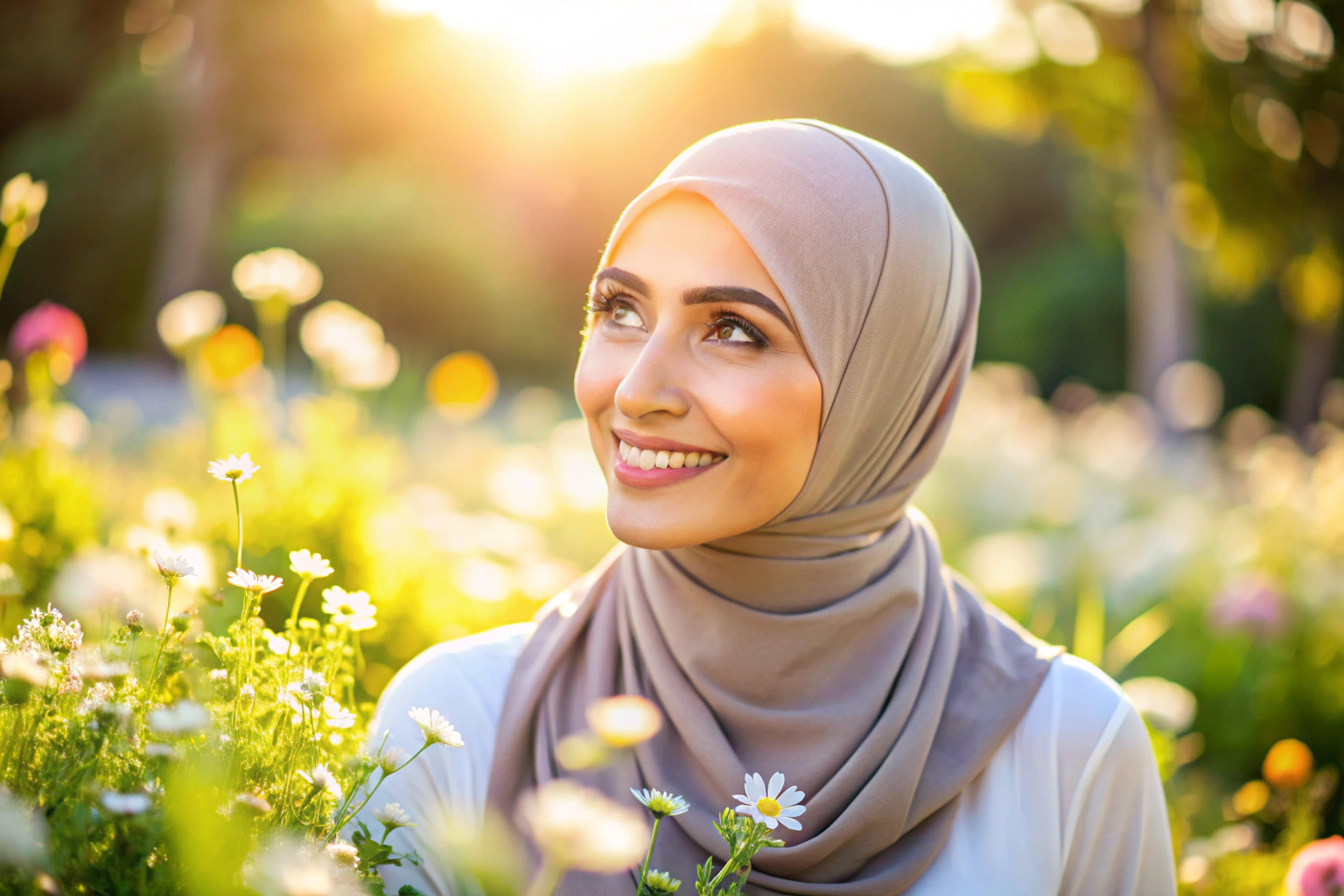 Eine Frau mit einem zarten, hellen Hijab, die lächelnd in einer sonnigen Landschaft steht, umgeben von Blumen, mit einem Ausdruck der Gelassenheit und Stärke